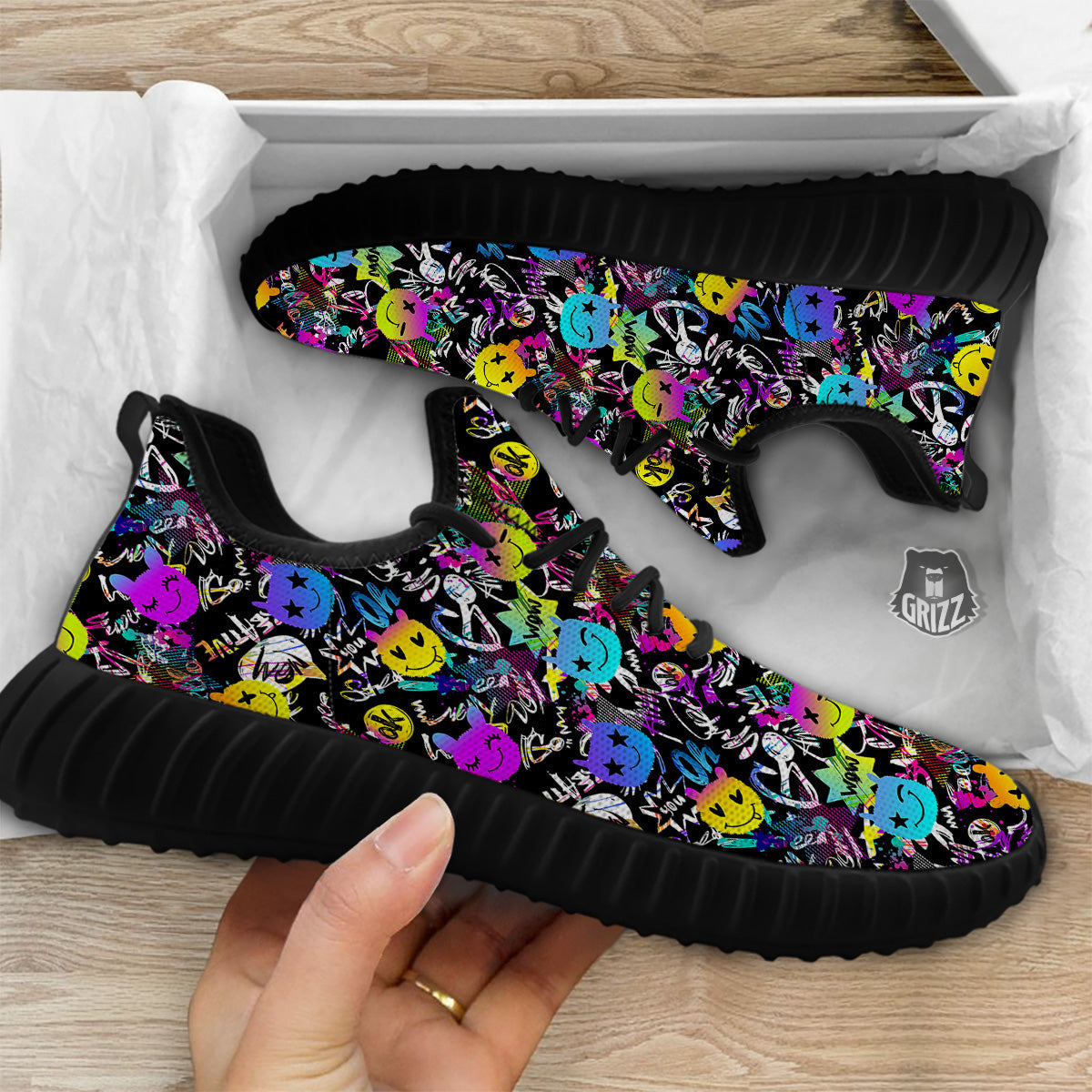 Graffiti Colorful Emoji Faces Print Pattern Black Walking Shoes-grizzshop