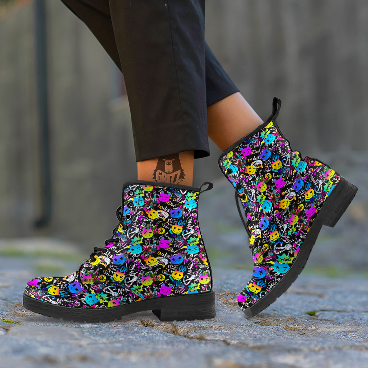 Graffiti Colorful Emoji Faces Print Pattern Leather Boots-grizzshop