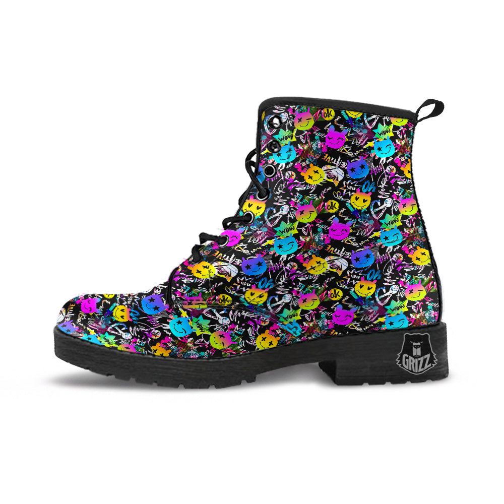 Graffiti Colorful Emoji Faces Print Pattern Leather Boots-grizzshop