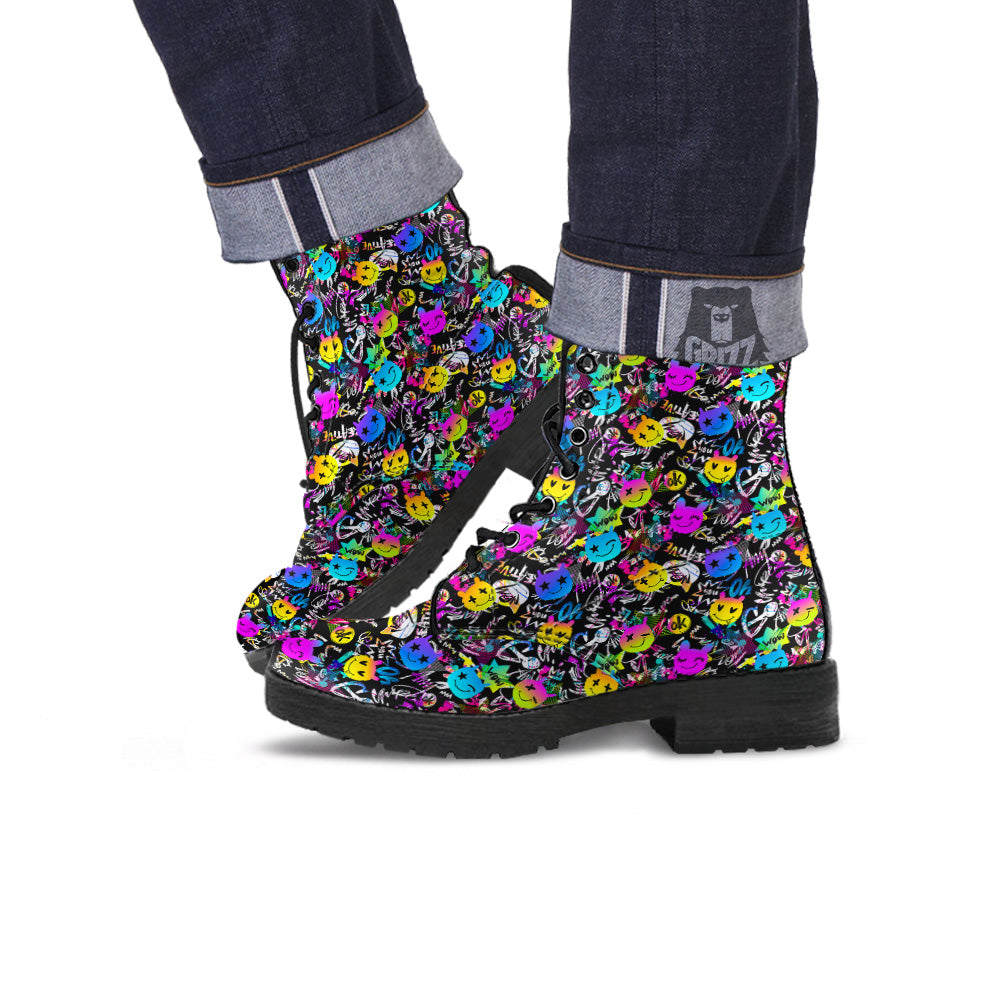Graffiti Colorful Emoji Faces Print Pattern Leather Boots-grizzshop