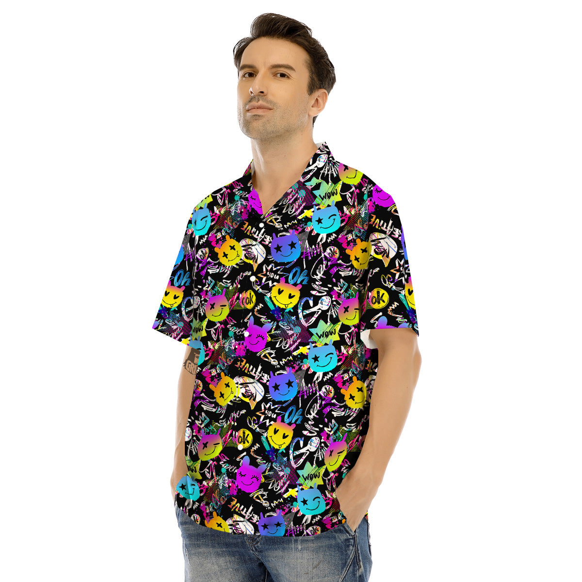 Graffiti Colorful Emoji Faces Print Pattern Men's Hawaiian Shirt-grizzshop