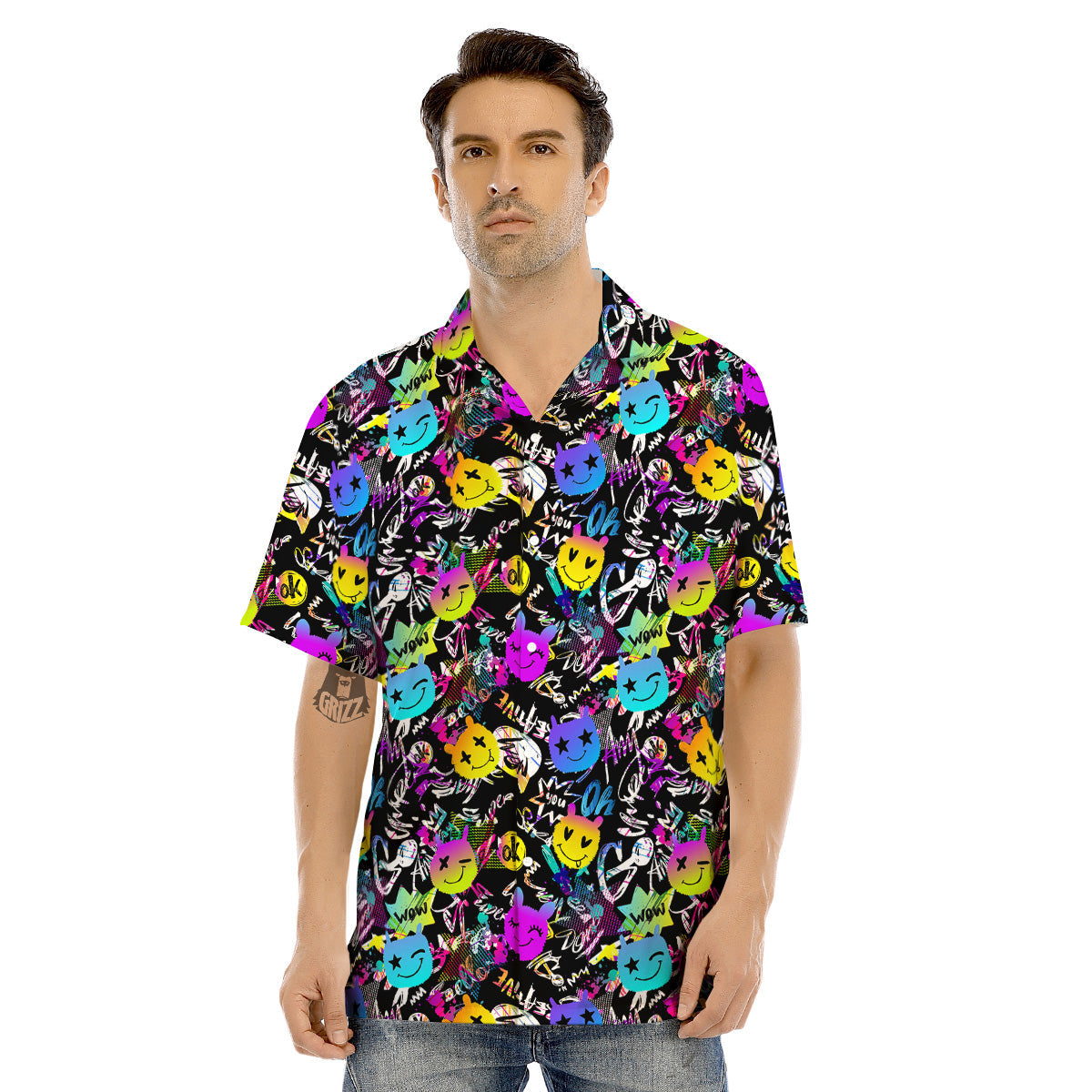 Graffiti Colorful Emoji Faces Print Pattern Men's Hawaiian Shirt-grizzshop