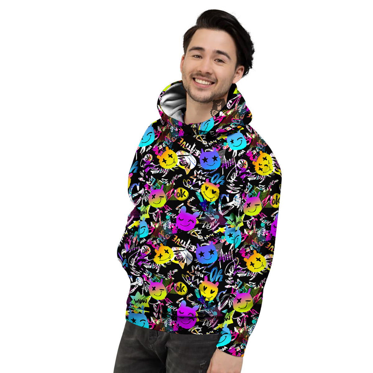 Graffiti Colorful Emoji Faces Print Pattern Men's Hoodie-grizzshop