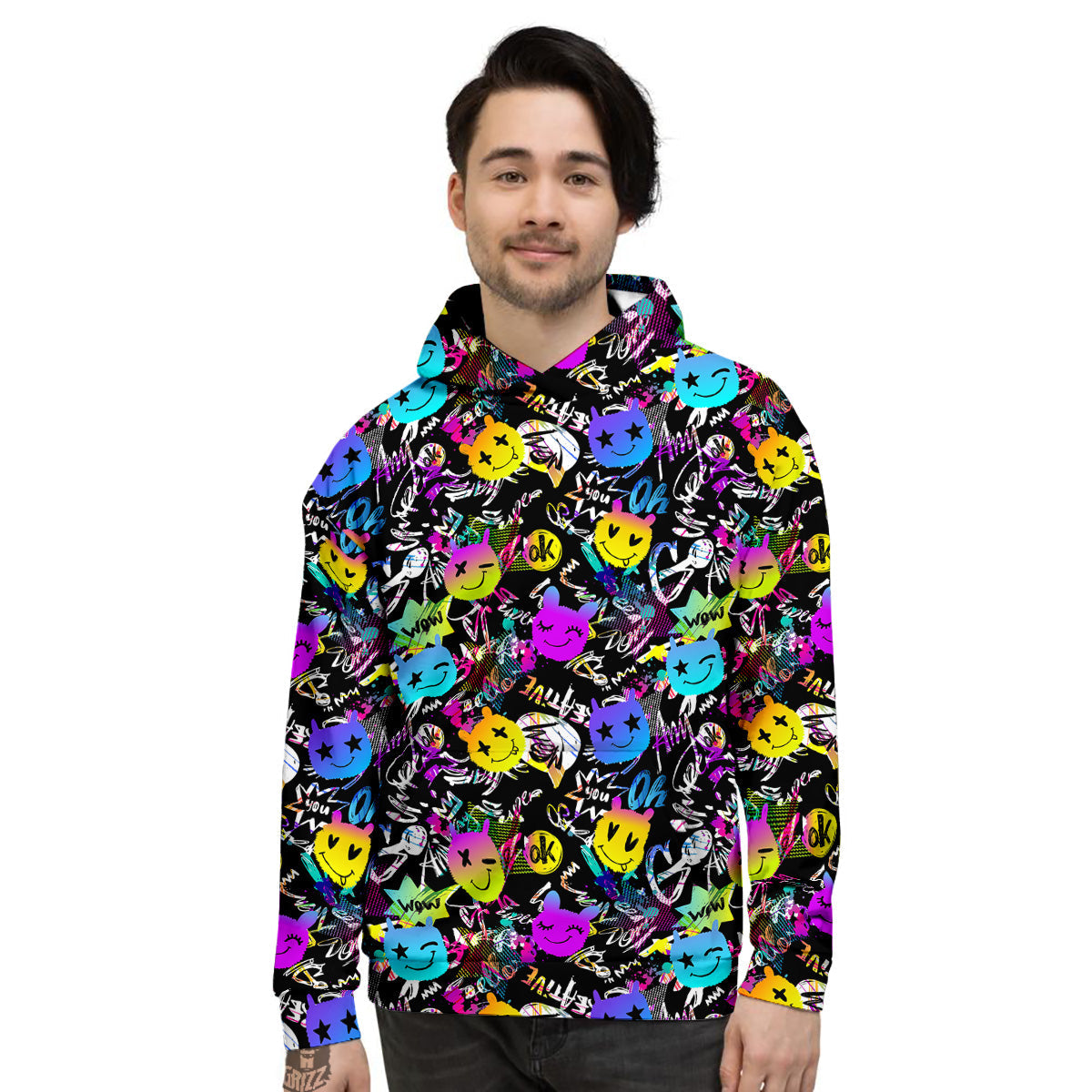Graffiti Colorful Emoji Faces Print Pattern Men's Hoodie-grizzshop