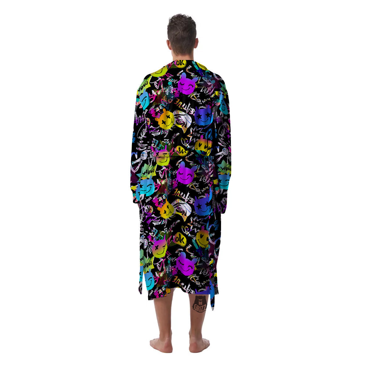 Graffiti Colorful Emoji Faces Print Pattern Men's Robe-grizzshop