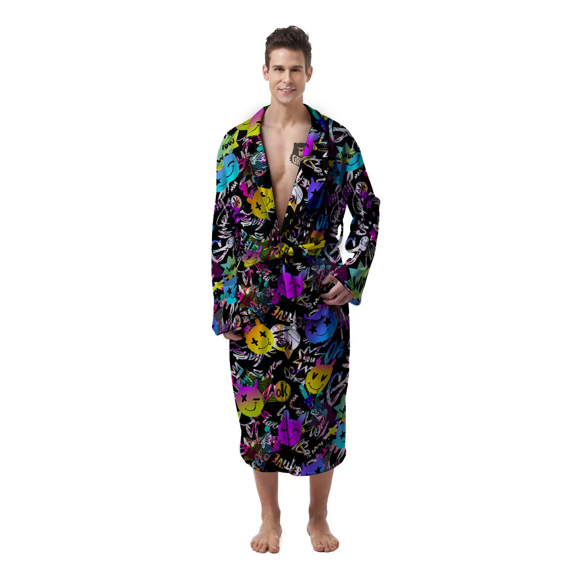 Graffiti Colorful Emoji Faces Print Pattern Men's Robe-grizzshop