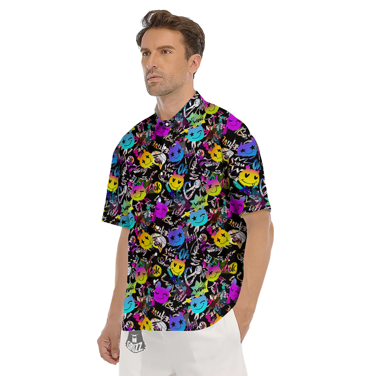 Graffiti Colorful Emoji Faces Print Pattern Men's Short Sleeve Shirts-grizzshop