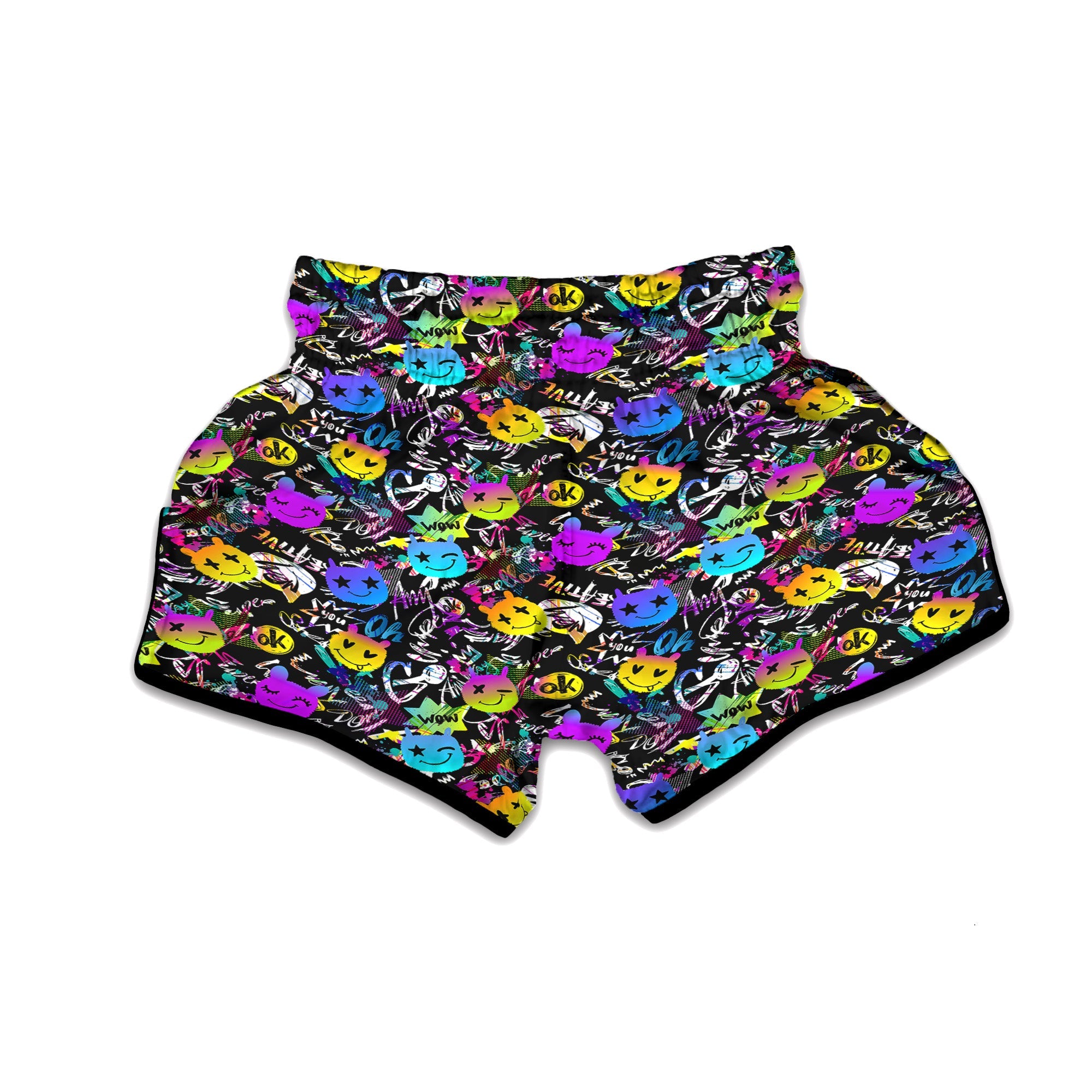Graffiti Colorful Emoji Faces Print Pattern Muay Thai Boxing Shorts-grizzshop