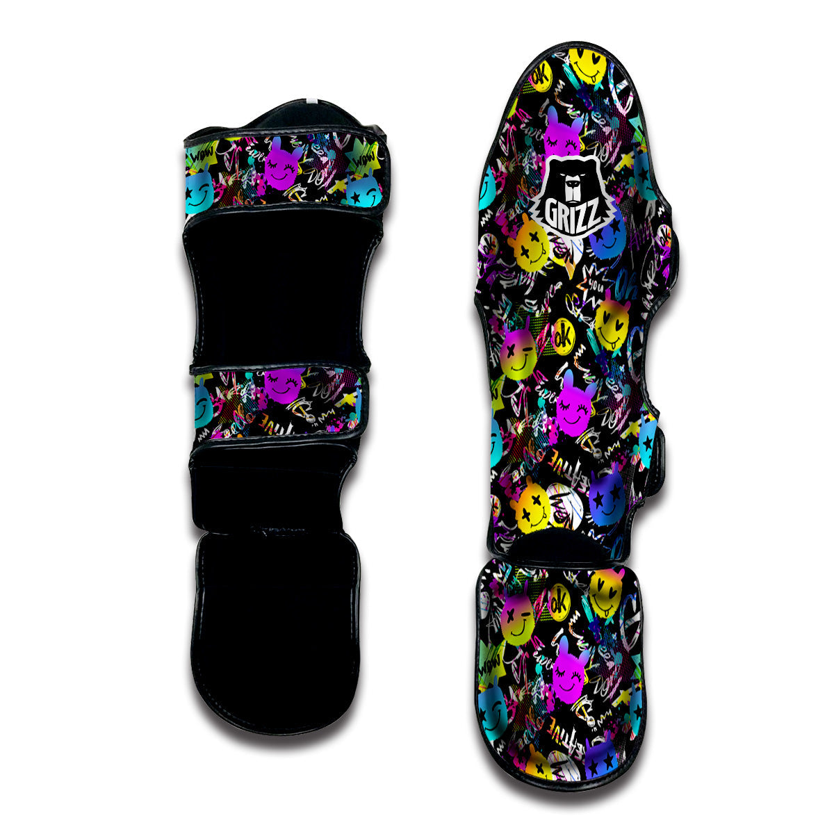 Graffiti Colorful Emoji Faces Print Pattern Muay Thai Shin Guards-grizzshop
