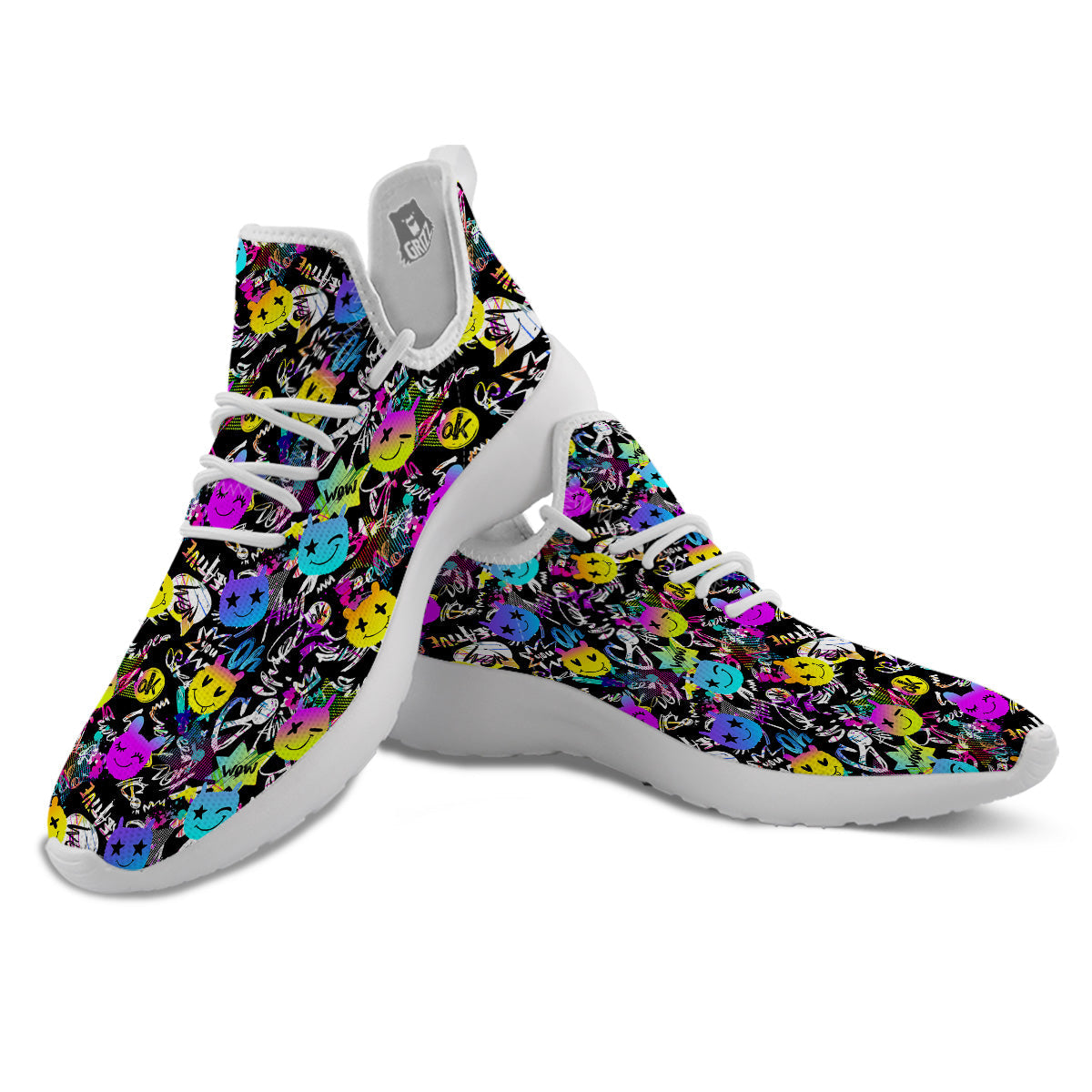 Graffiti Colorful Emoji Faces Print Pattern White Athletic Shoes-grizzshop