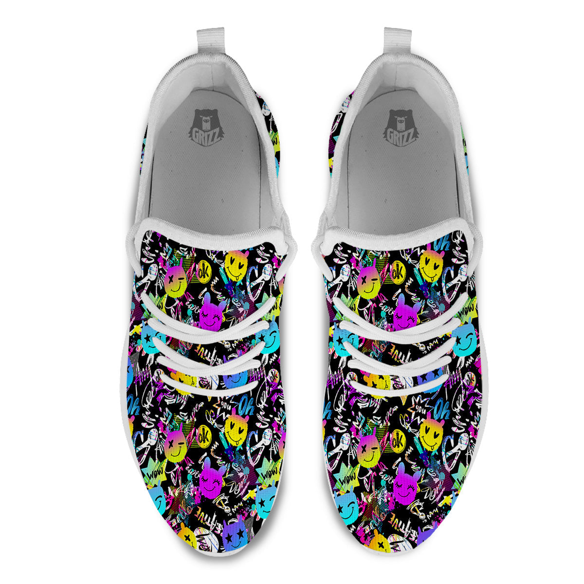 Graffiti Colorful Emoji Faces Print Pattern White Athletic Shoes-grizzshop