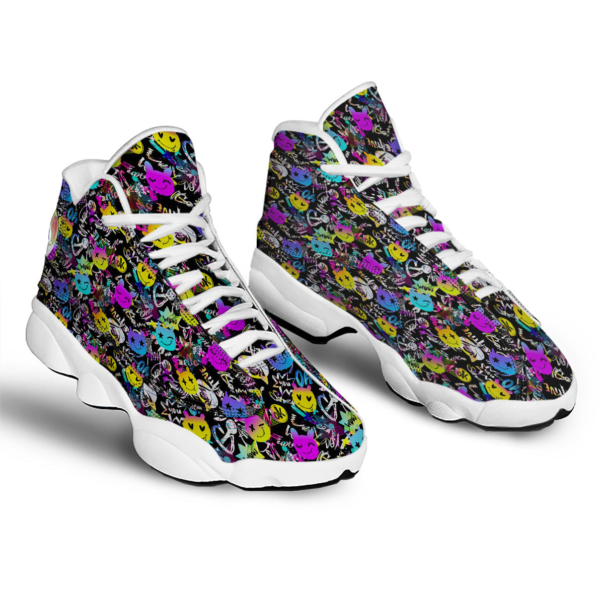 Graffiti Colorful Emoji Faces Print Pattern White Basketball Shoes-grizzshop