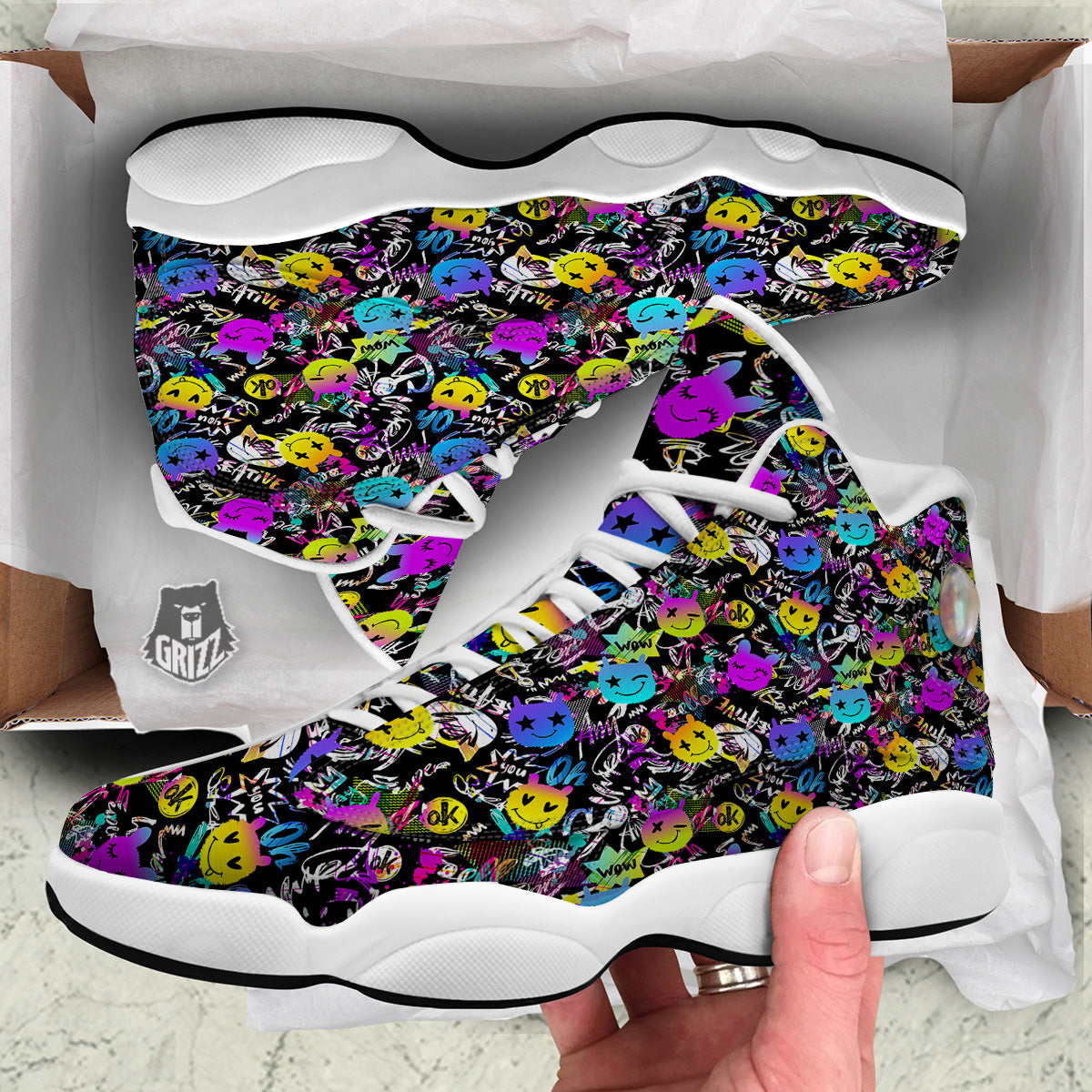 Graffiti Colorful Emoji Faces Print Pattern White Basketball Shoes-grizzshop