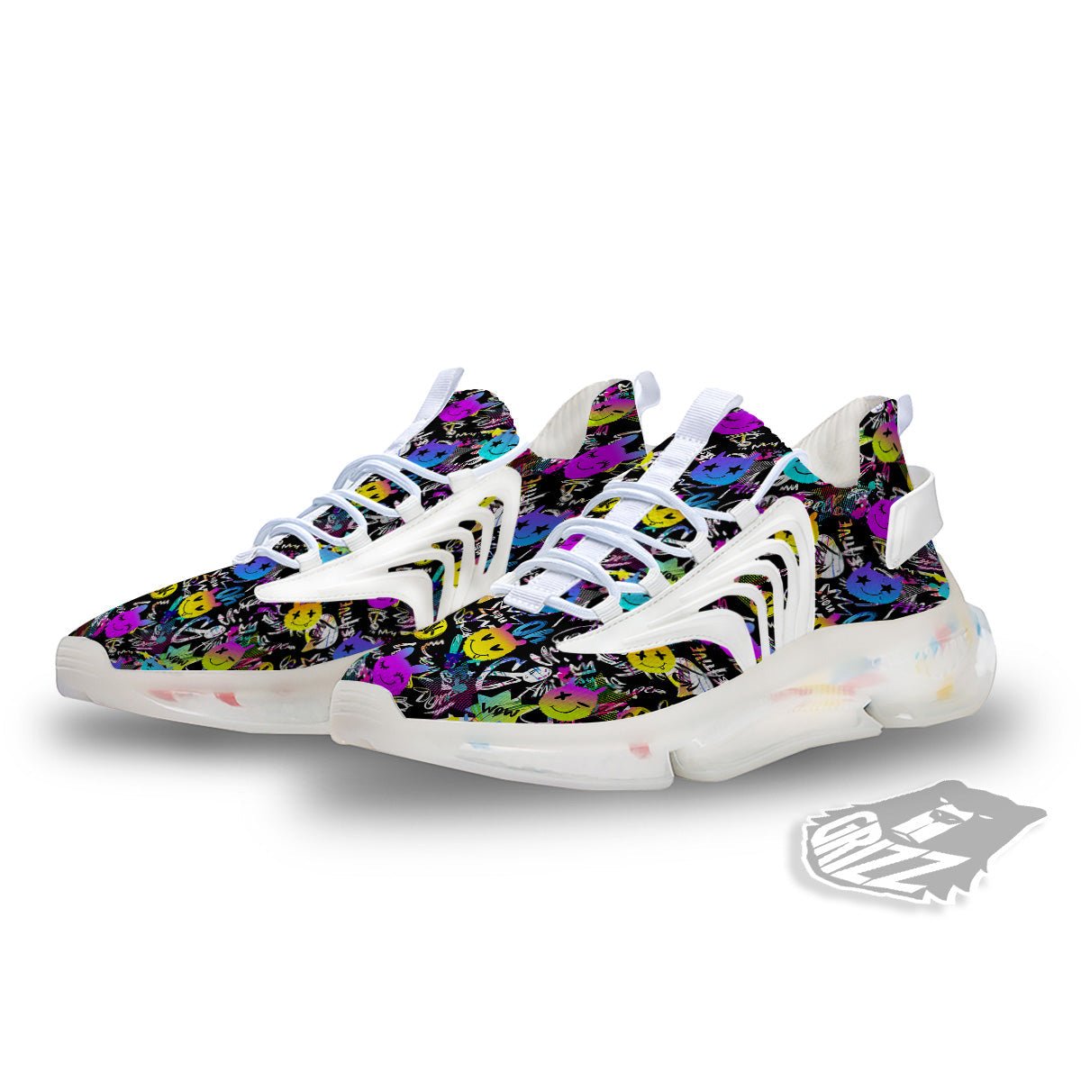Graffiti Colorful Emoji Faces Print Pattern White Gym Shoes-grizzshop