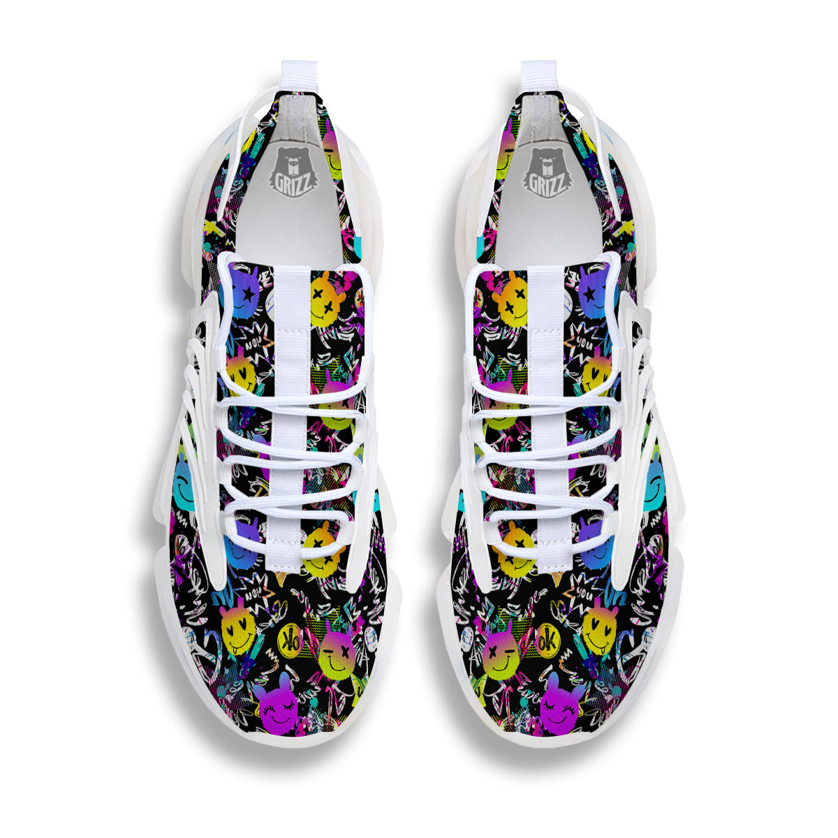Graffiti Colorful Emoji Faces Print Pattern White Gym Shoes-grizzshop