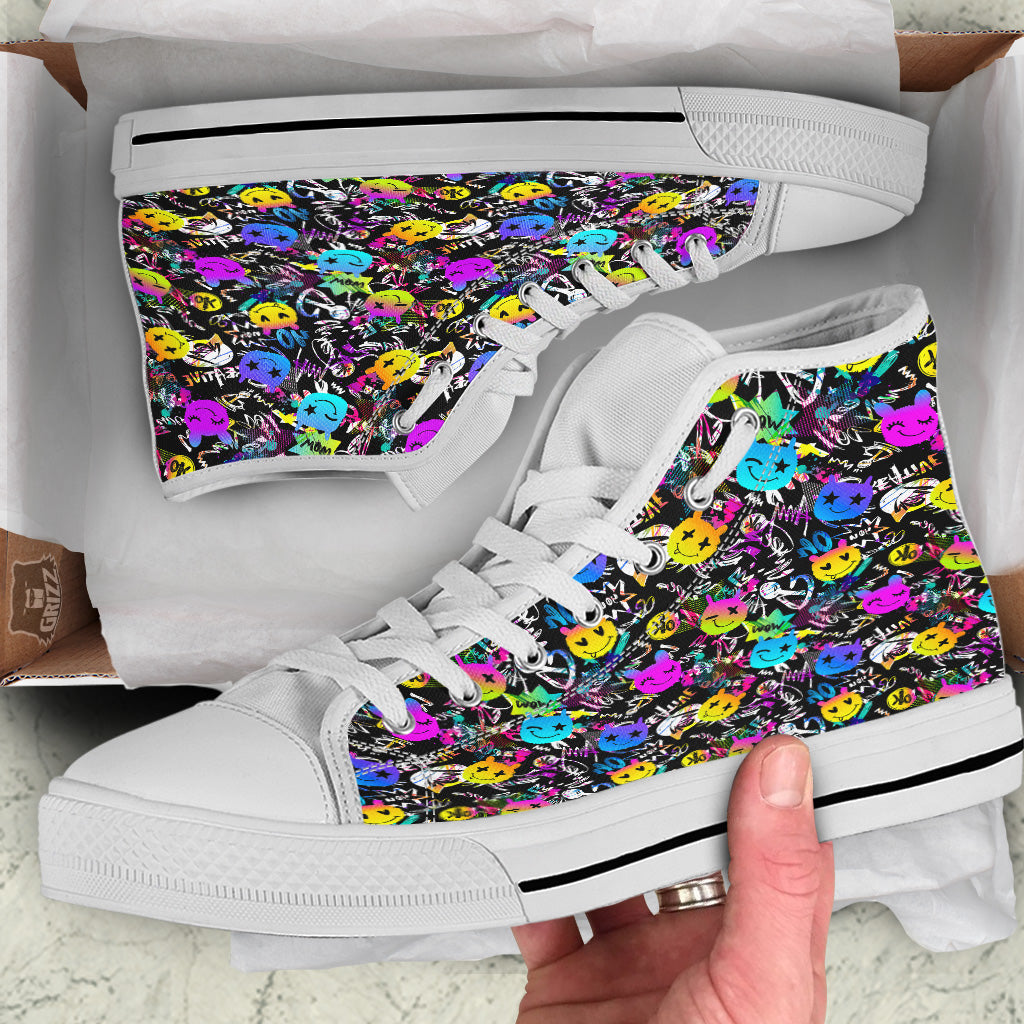 Graffiti Colorful Emoji Faces Print Pattern White High Top Shoes-grizzshop