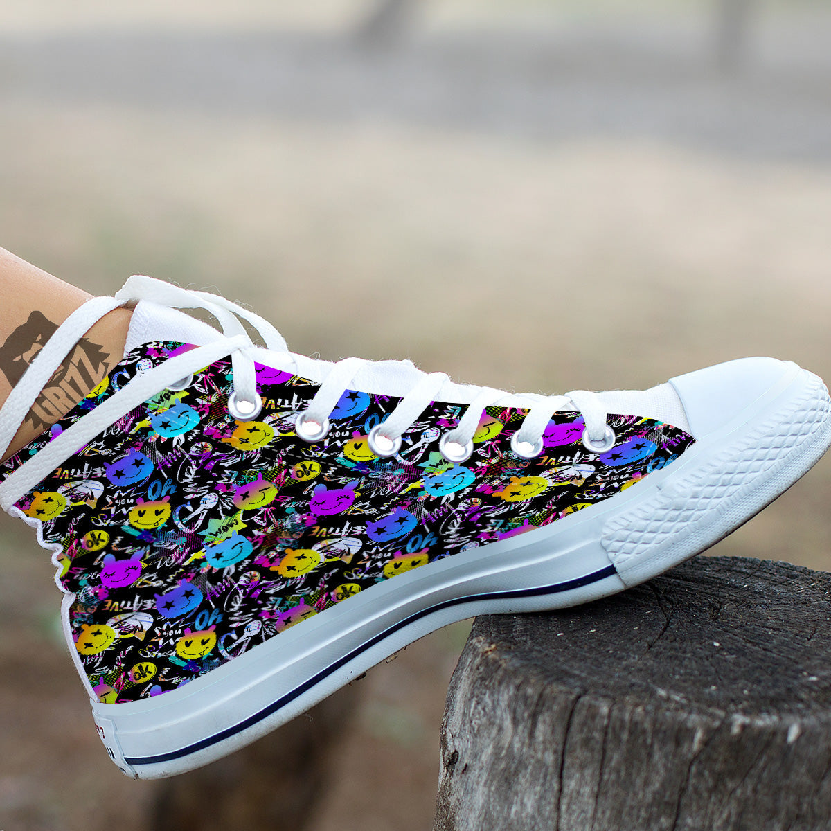 Graffiti Colorful Emoji Faces Print Pattern White High Top Shoes-grizzshop