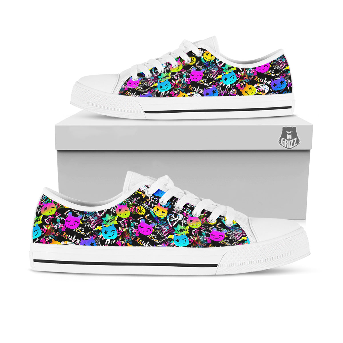 Graffiti Colorful Emoji Faces Print Pattern White Low Top Shoes-grizzshop