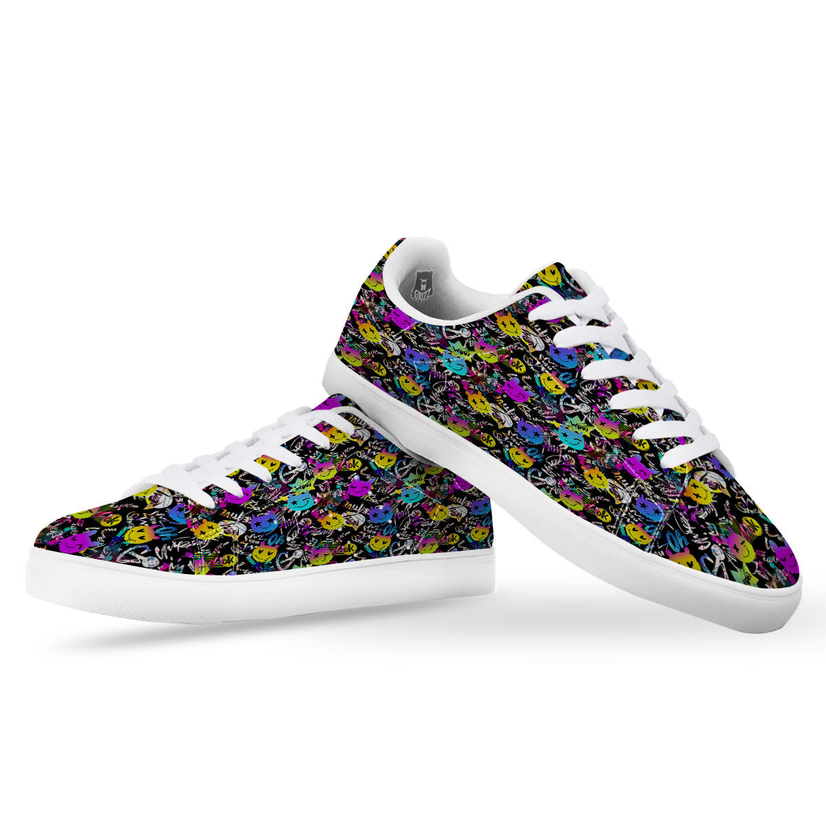 Graffiti Colorful Emoji Faces Print Pattern White Low Top Sneakers-grizzshop