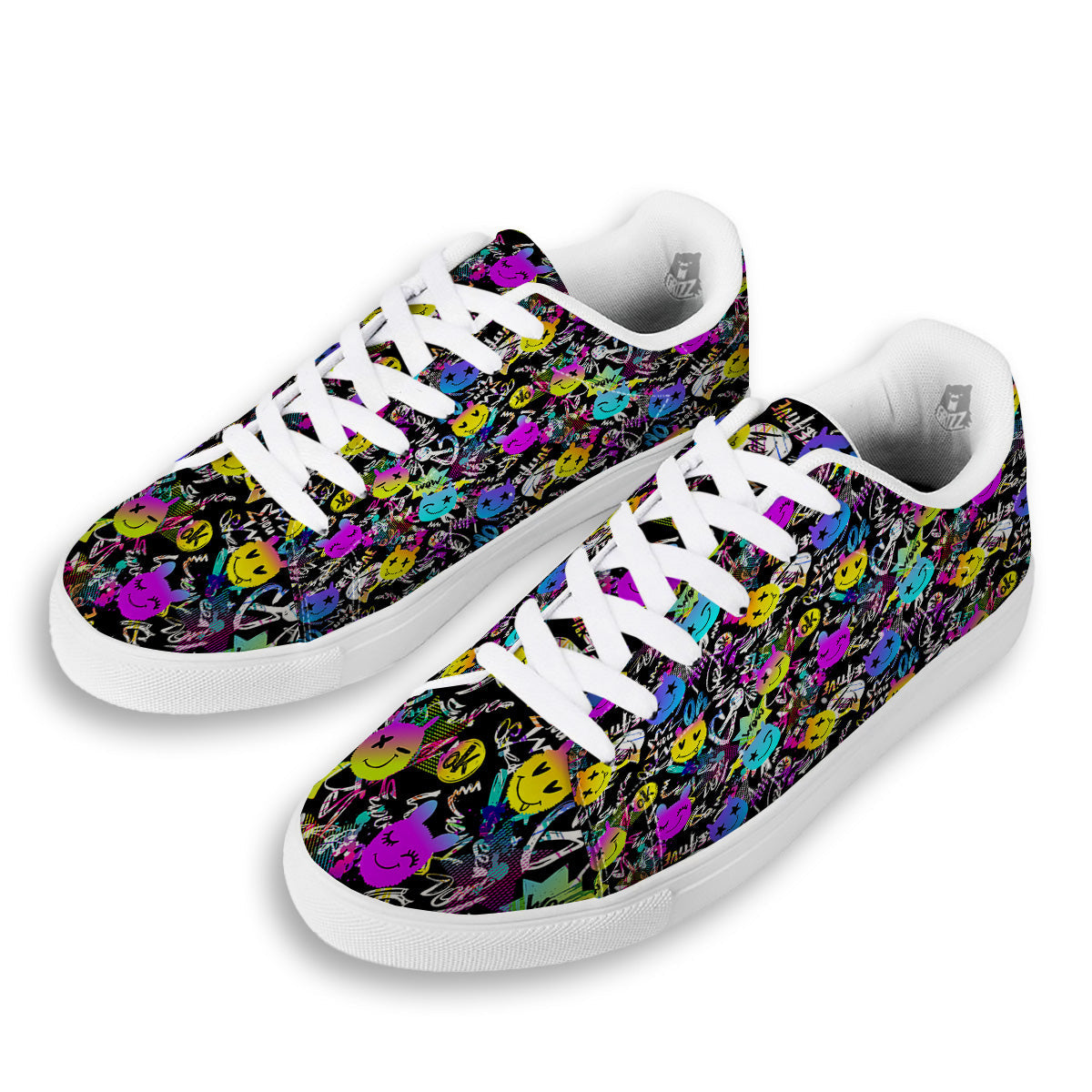Graffiti Colorful Emoji Faces Print Pattern White Low Top Sneakers-grizzshop