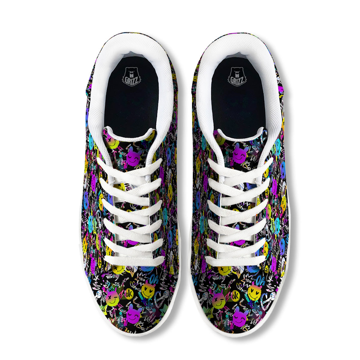 Graffiti Colorful Emoji Faces Print Pattern White Low Top Sneakers-grizzshop