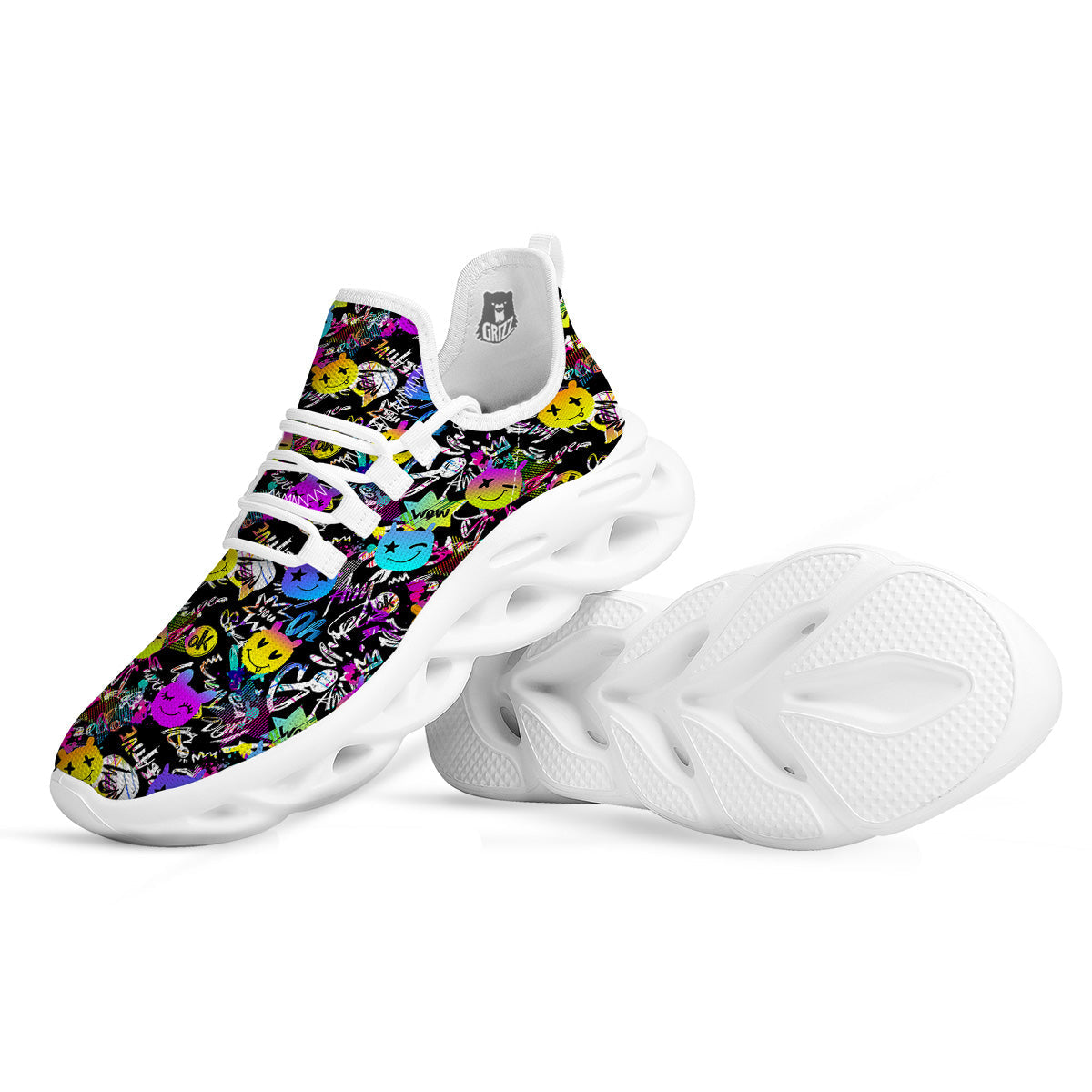 Graffiti Colorful Emoji Faces Print Pattern White Running Shoes-grizzshop