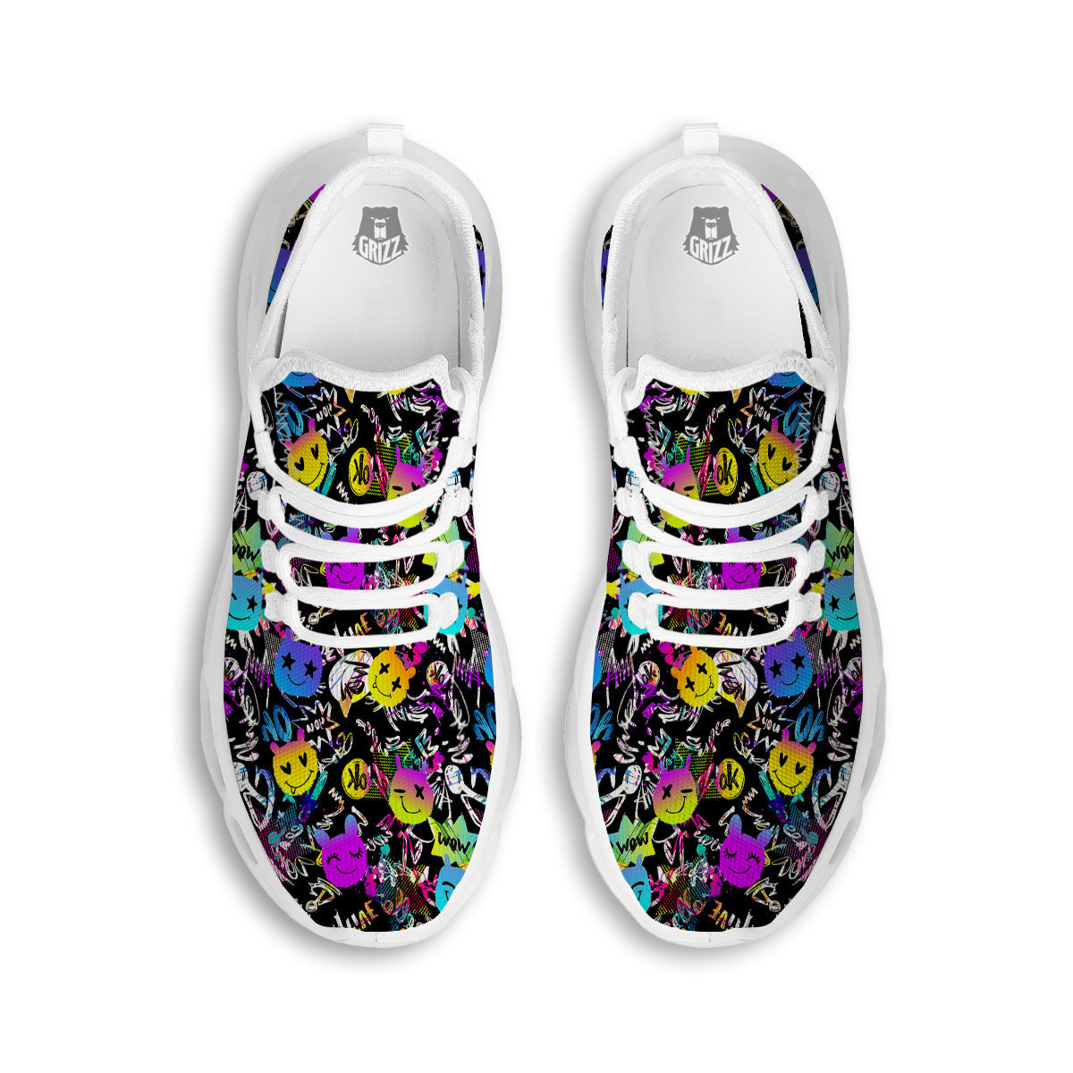 Graffiti Colorful Emoji Faces Print Pattern White Running Shoes-grizzshop