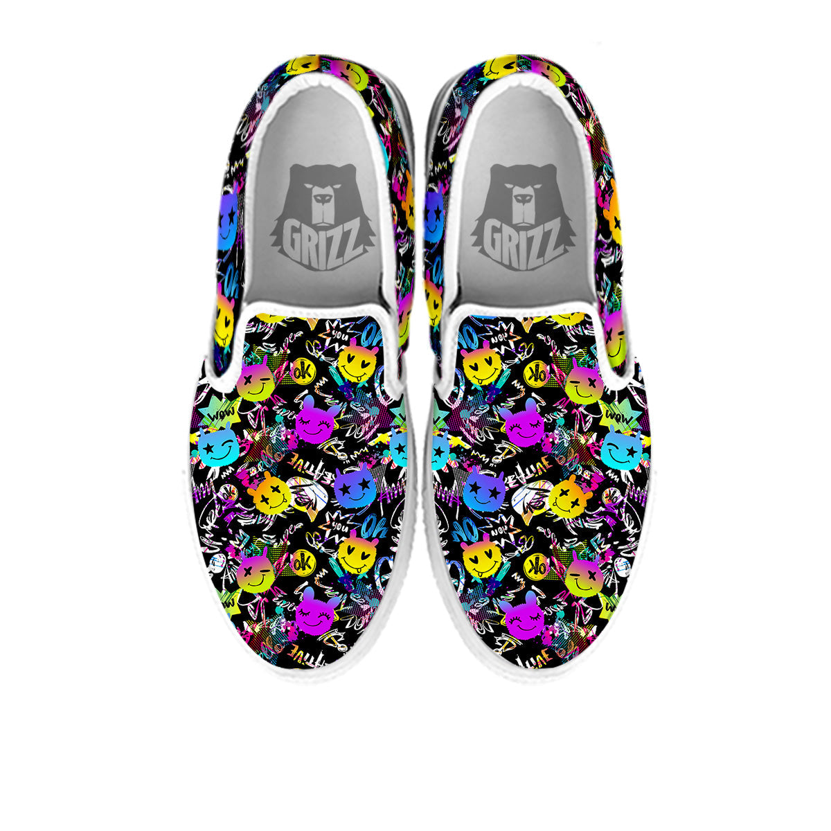 Graffiti Colorful Emoji Faces Print Pattern White Slip On Shoes-grizzshop