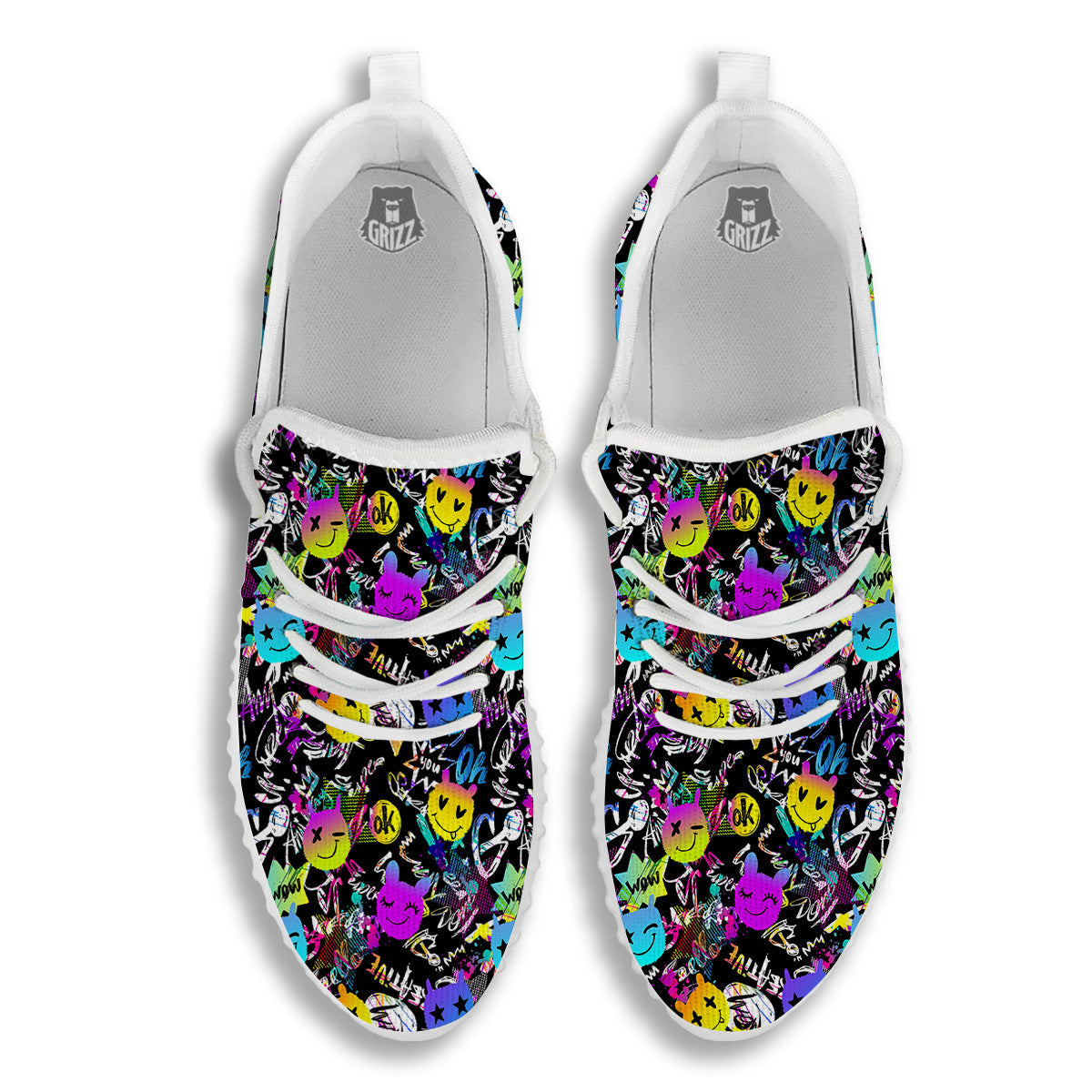Graffiti Colorful Emoji Faces Print Pattern White Walking Shoes-grizzshop
