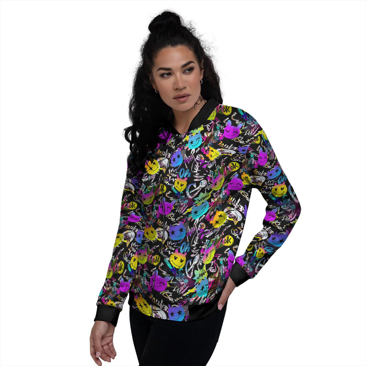 Graffiti Colorful Emoji Faces Print Pattern Women's Bomber Jacket-grizzshop