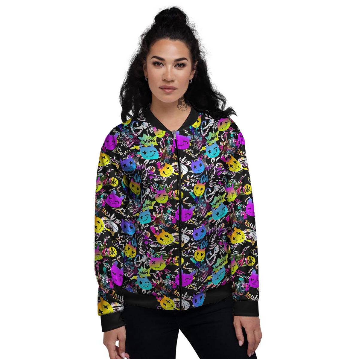 Graffiti Colorful Emoji Faces Print Pattern Women's Bomber Jacket-grizzshop