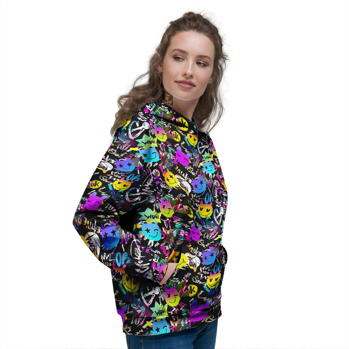 Graffiti Colorful Emoji Faces Print Pattern Women's Hoodie-grizzshop