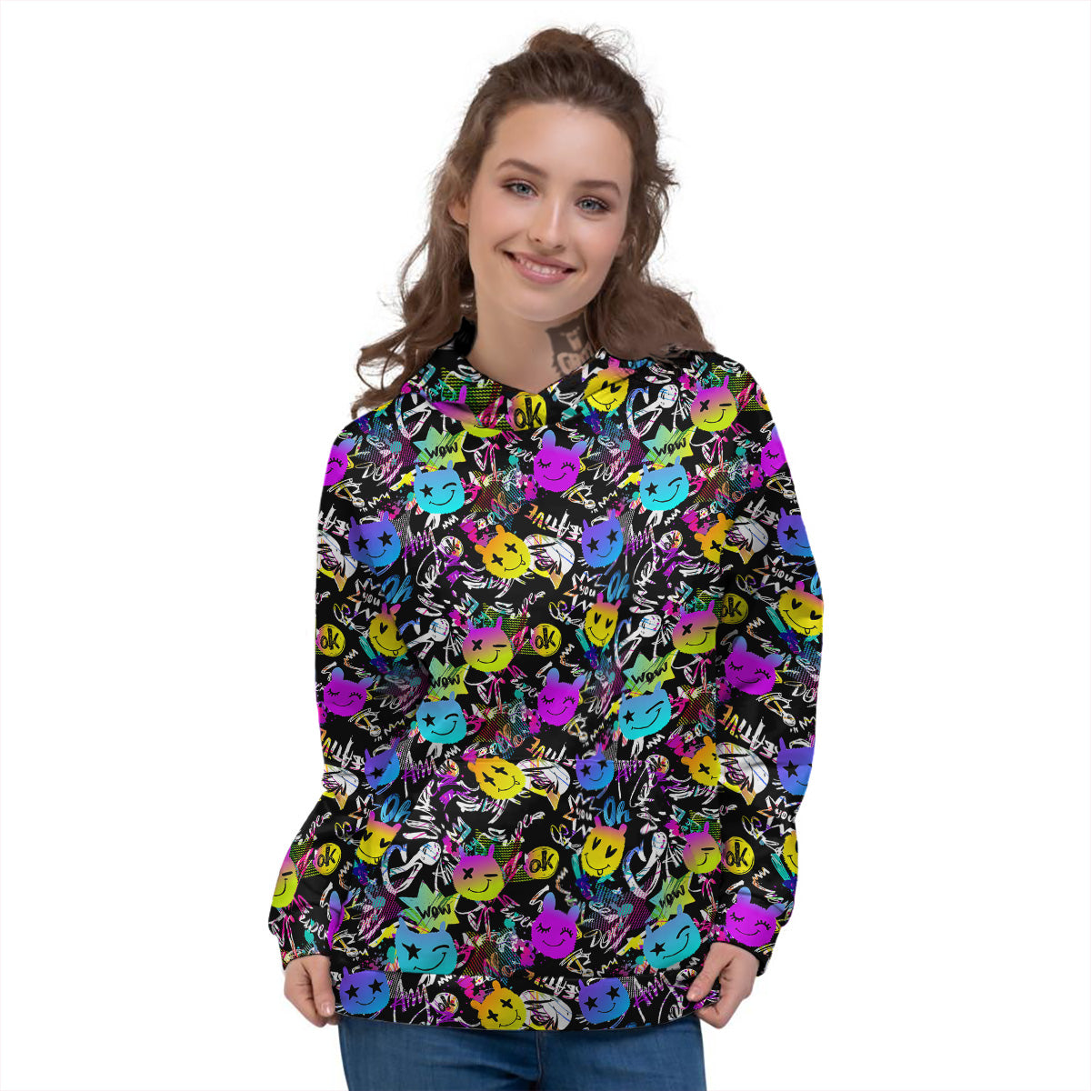 Graffiti Colorful Emoji Faces Print Pattern Women's Hoodie-grizzshop