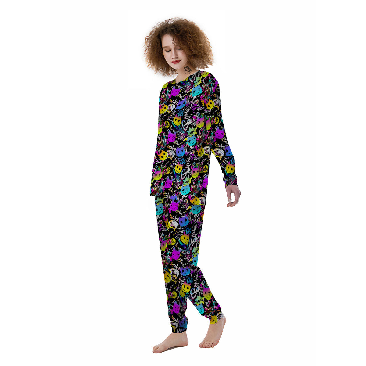 Graffiti Colorful Emoji Faces Print Pattern Women's Pajamas-grizzshop