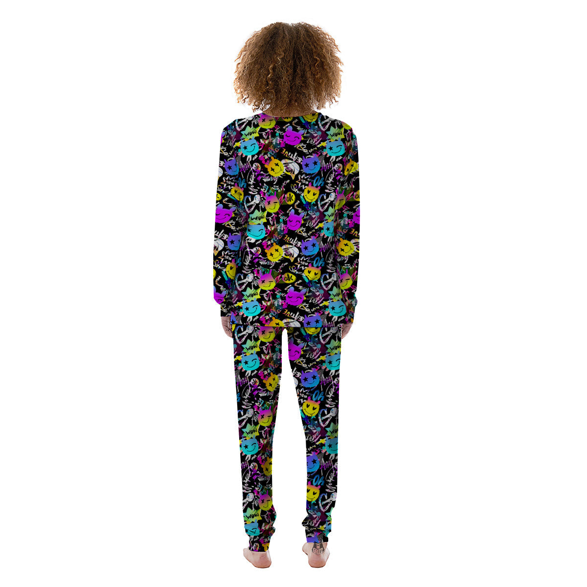 Graffiti Colorful Emoji Faces Print Pattern Women's Pajamas-grizzshop