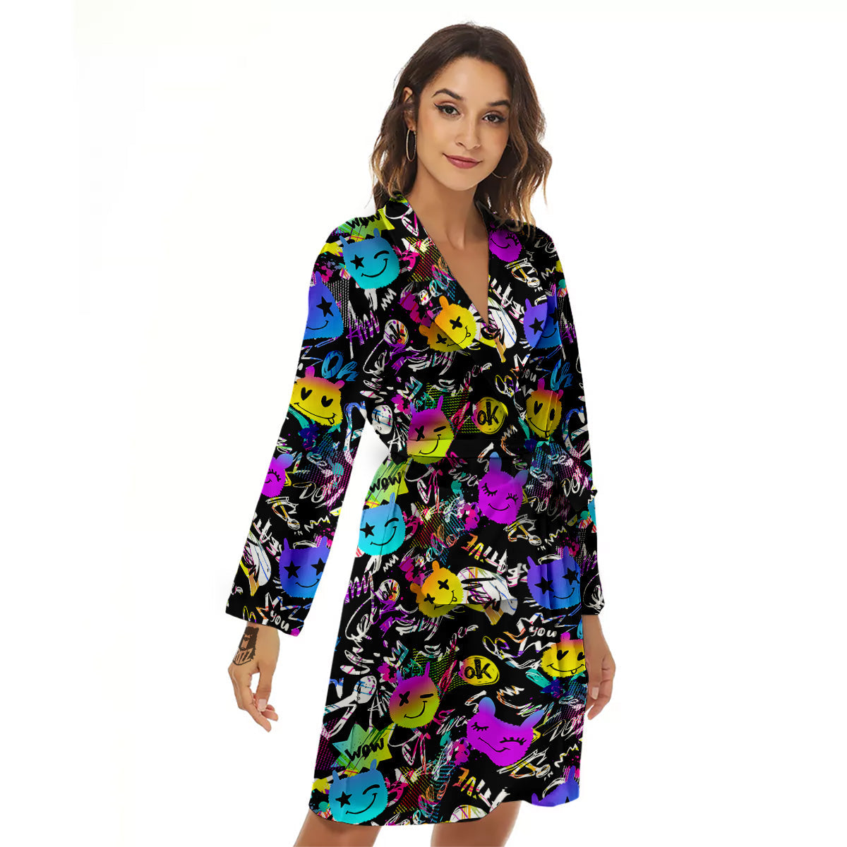 Graffiti Colorful Emoji Faces Print Pattern Women's Robe-grizzshop