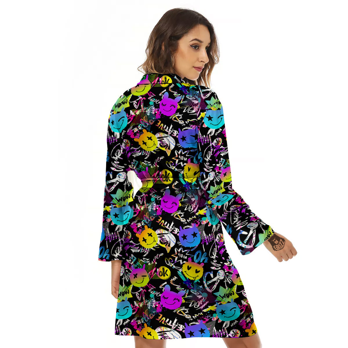 Graffiti Colorful Emoji Faces Print Pattern Women's Robe-grizzshop
