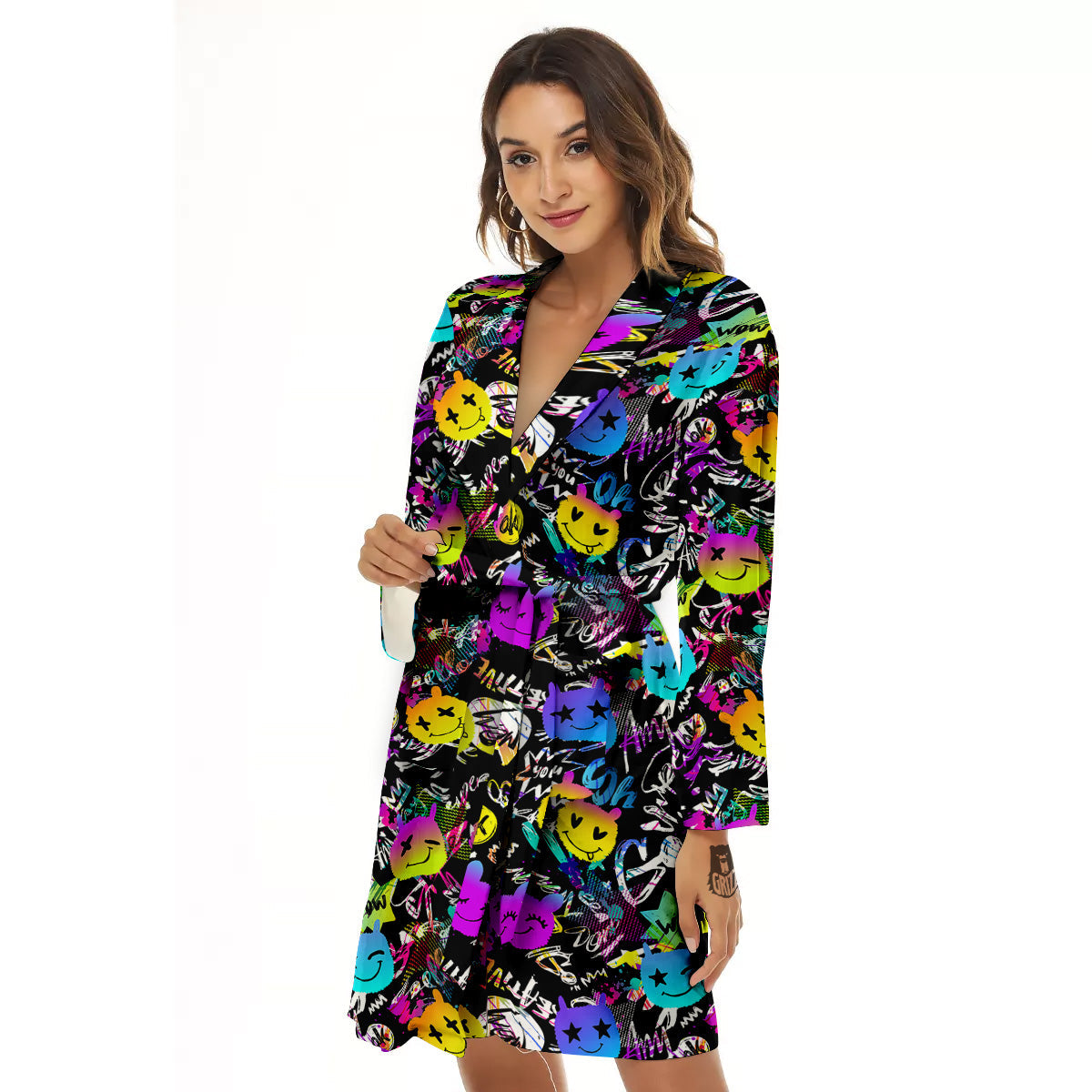 Graffiti Colorful Emoji Faces Print Pattern Women's Robe-grizzshop