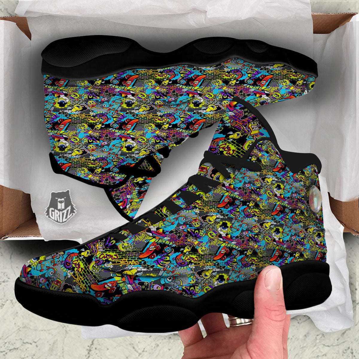 Graffiti Funky Print Pattern Black Basketball Shoes-grizzshop