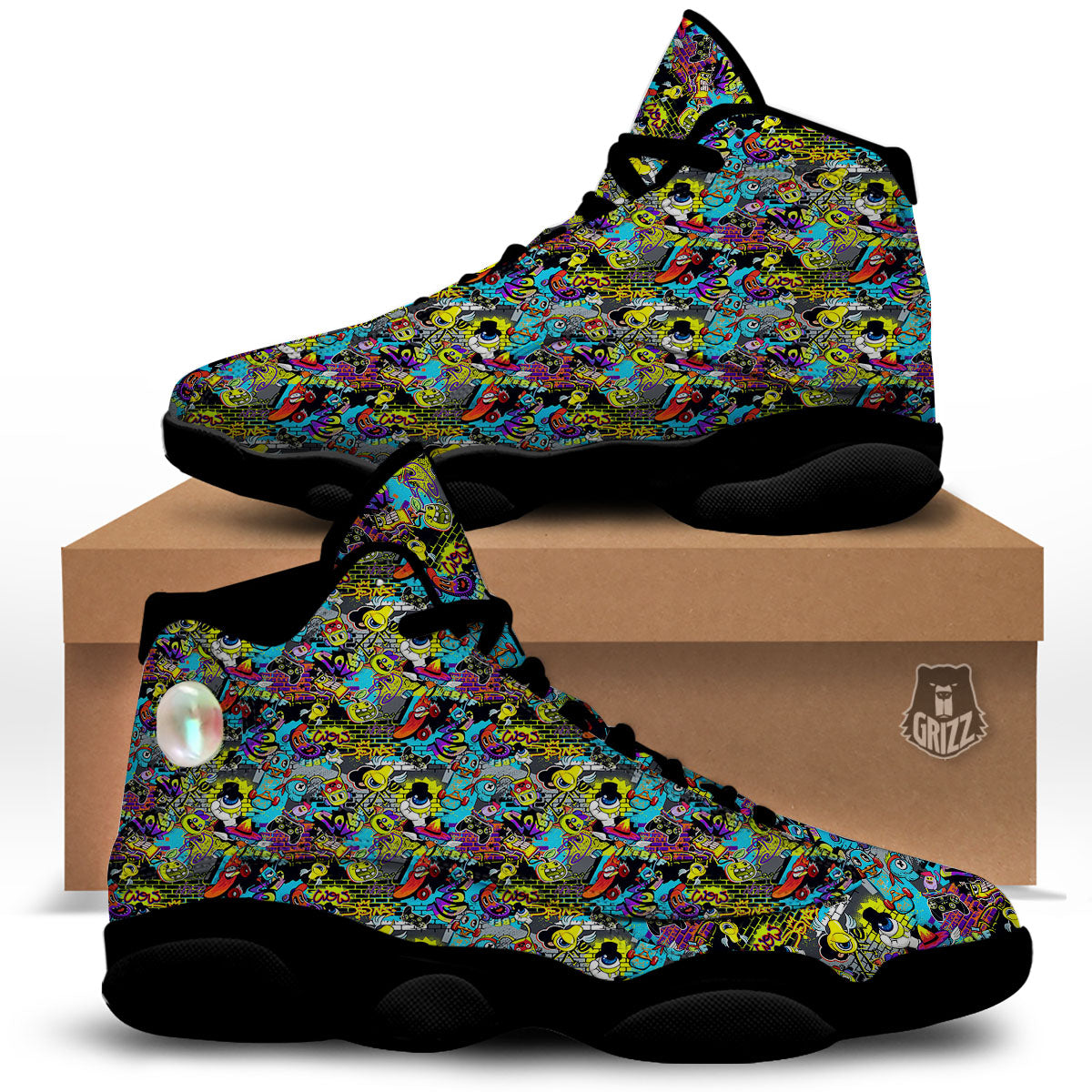 Graffiti Funky Print Pattern Black Basketball Shoes-grizzshop