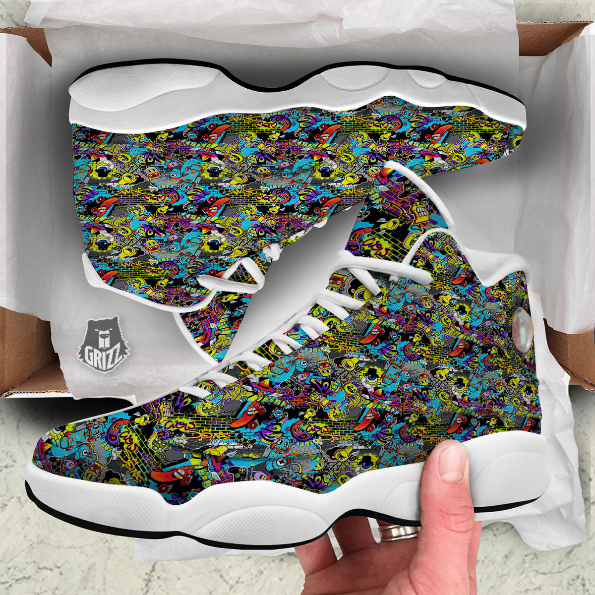 Graffiti Funky Print Pattern White Basketball Shoes-grizzshop