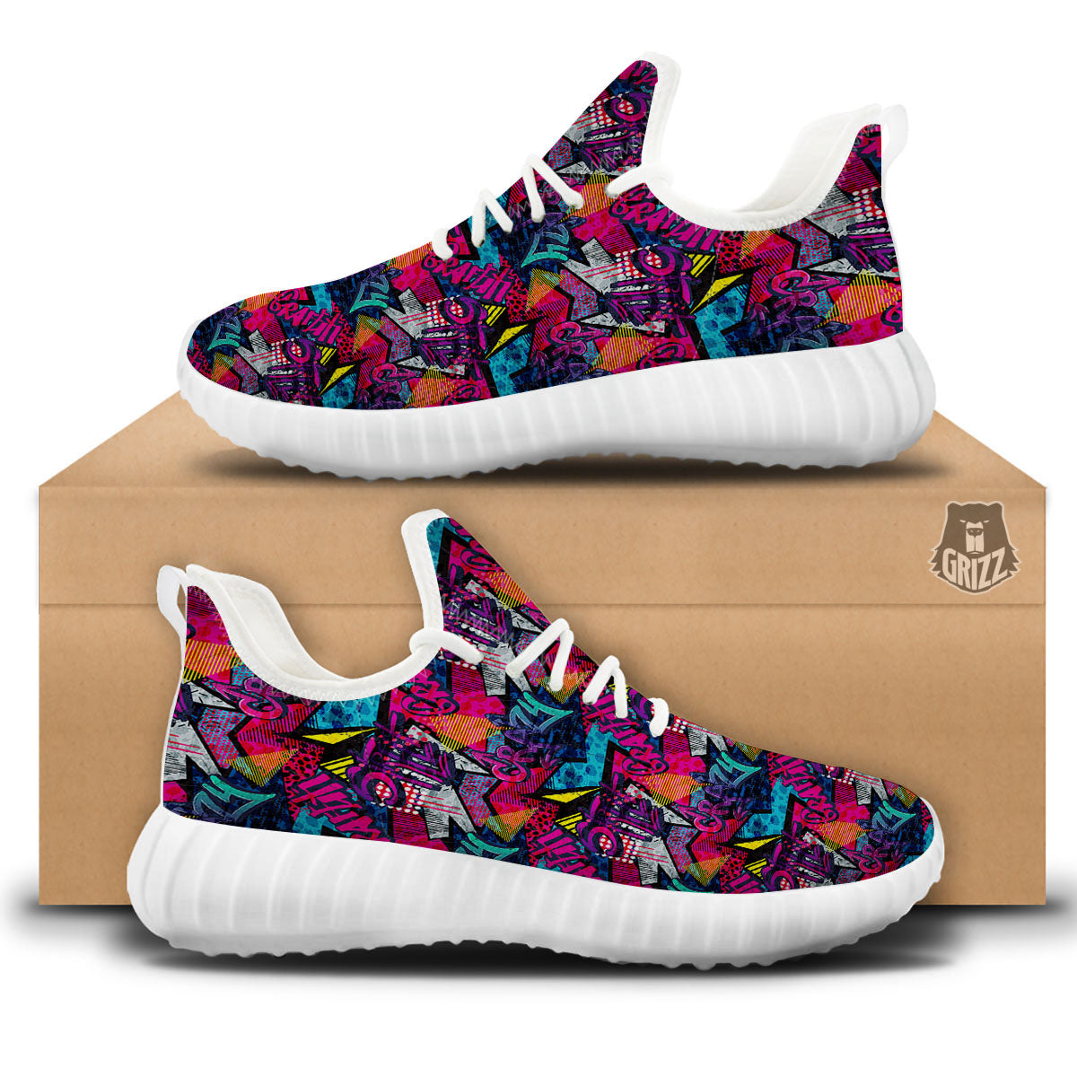 Graffiti Grunge Print Pattern White Walking Shoes-grizzshop