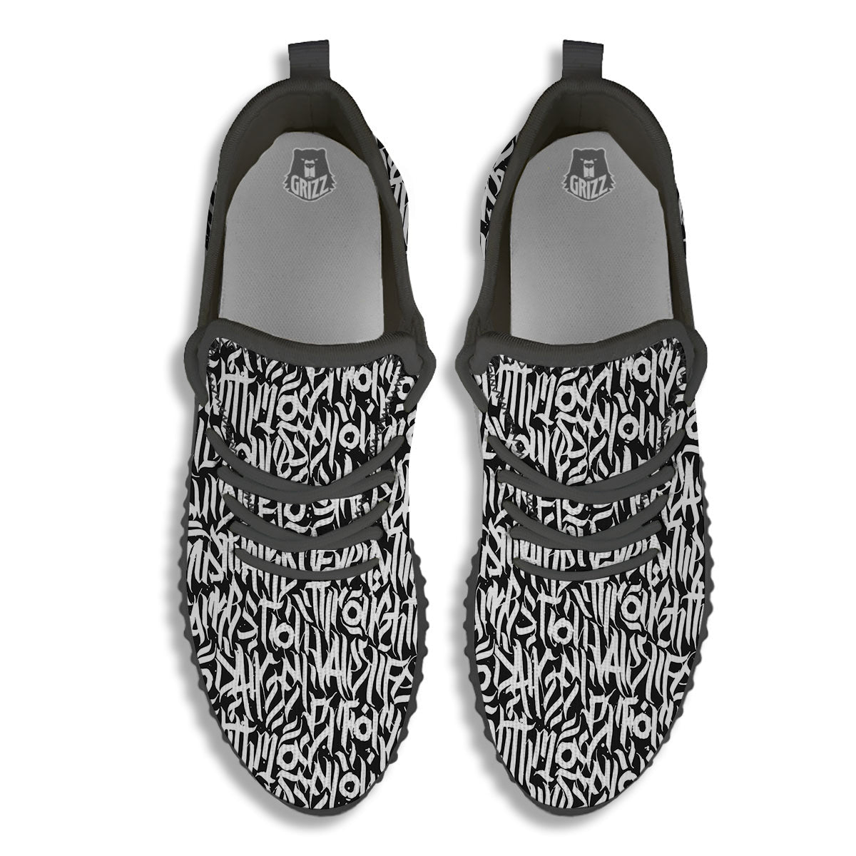 Graffiti Grunge White Text Abstract Print Black Walking Shoes-grizzshop