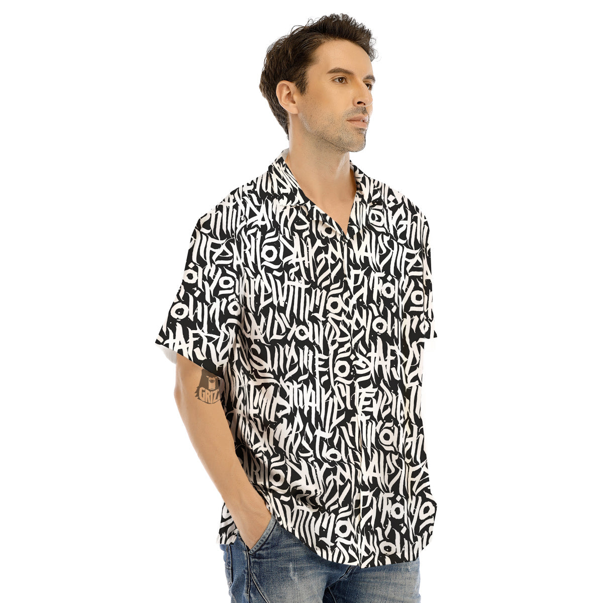 Graffiti Grunge White Text Abstract Print Men's Hawaiian Shirt-grizzshop
