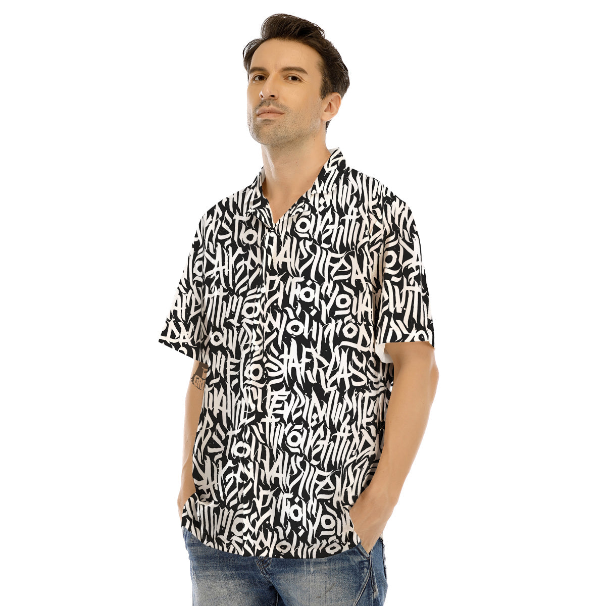 Graffiti Grunge White Text Abstract Print Men's Hawaiian Shirt-grizzshop