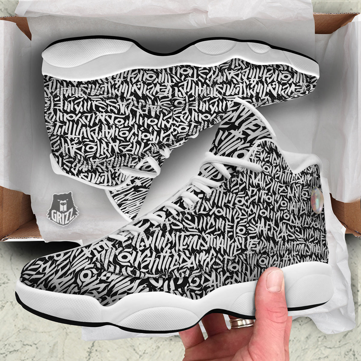 Graffiti Grunge White Text Abstract Print White Basketball Shoes-grizzshop