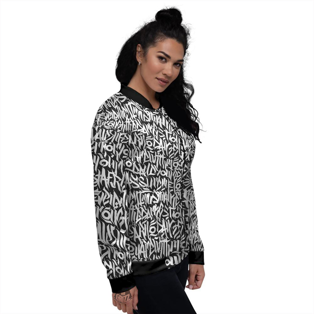 Graffiti Grunge White Text Abstract Print Women's Bomber Jacket-grizzshop