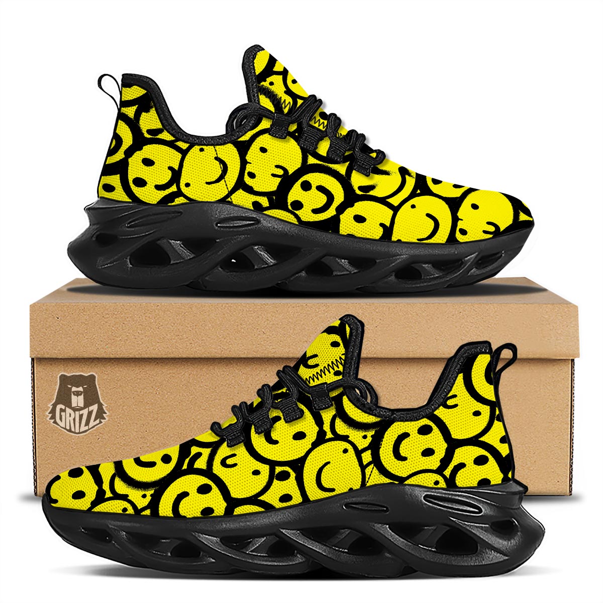 Graffiti Happy Emoji Print Black Running Shoes-grizzshop