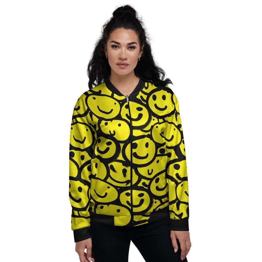 Graffiti Happy Emoji Print Women's Bomber Jacket-grizzshop