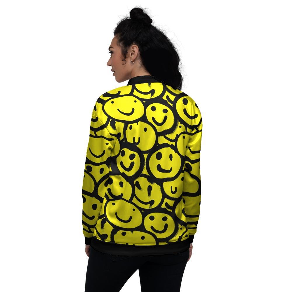Graffiti Happy Emoji Print Women's Bomber Jacket-grizzshop